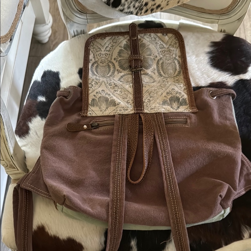 Brown And Cream Patterned Myra Backpack With Leat… - image 5